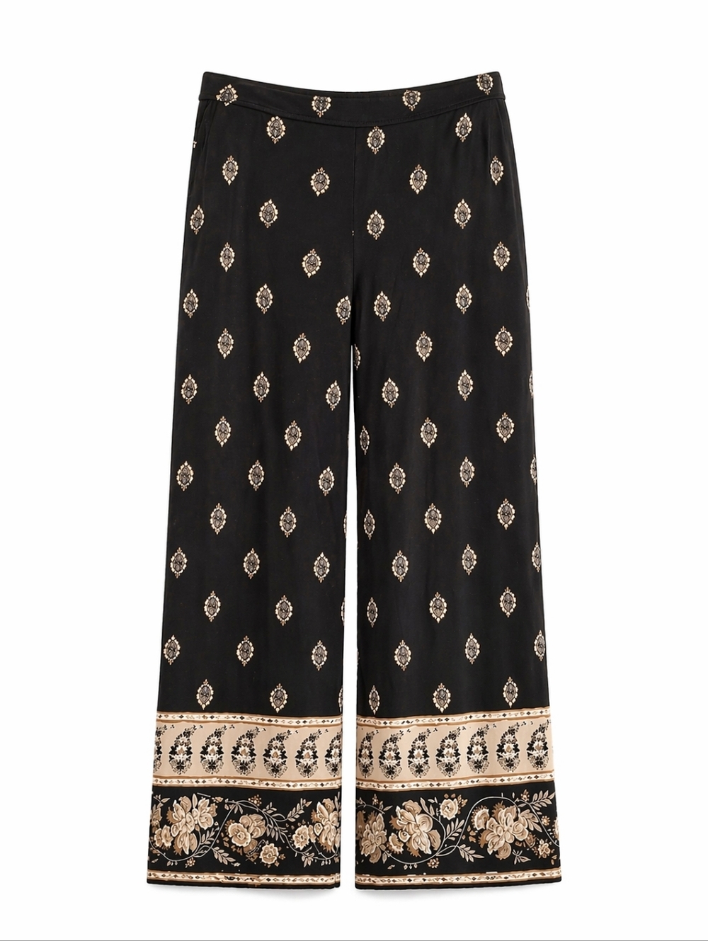 J. Jill Black Patterned Stretch Knit Wide Leg Cropped Pull-On Pants Sz S Boho